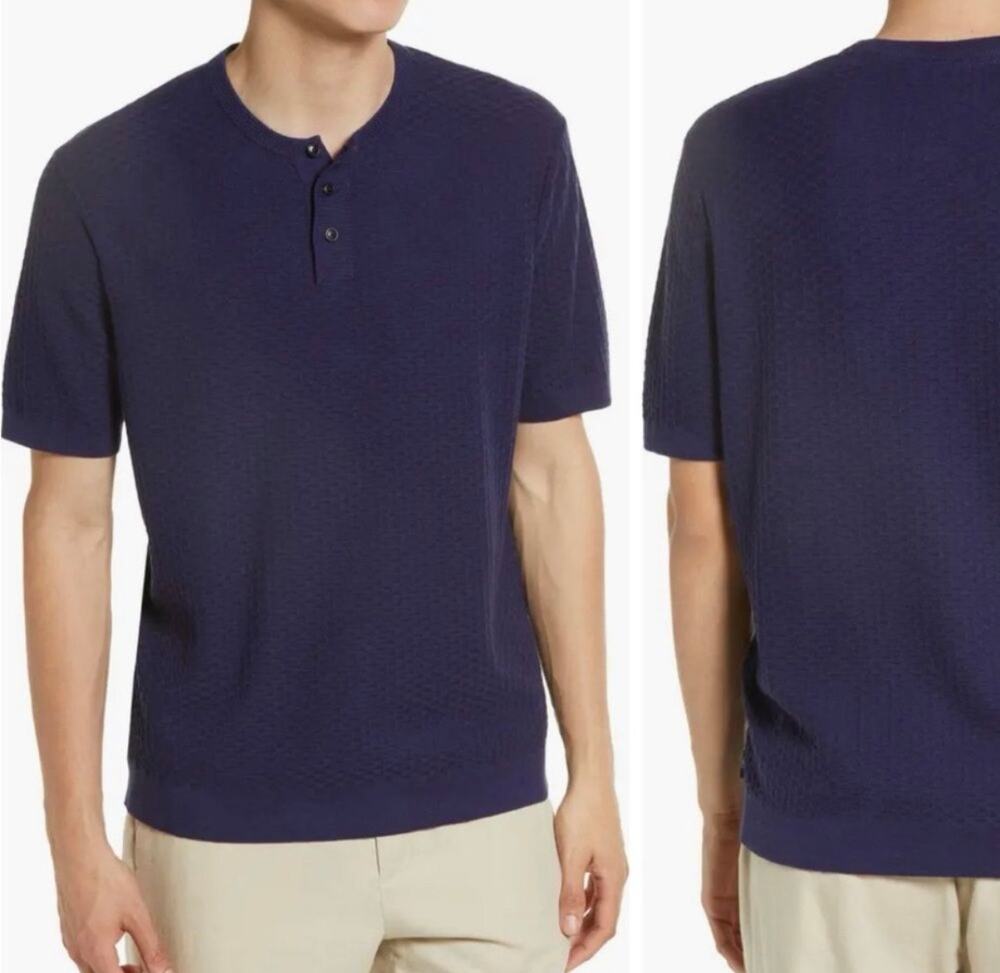 Ted Baker London Mcarth Navy Blue Henley Textured Square Branded Button 5/XL